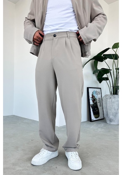 Bej Premium Relaxed Fit Kumaş Pantolon Bej