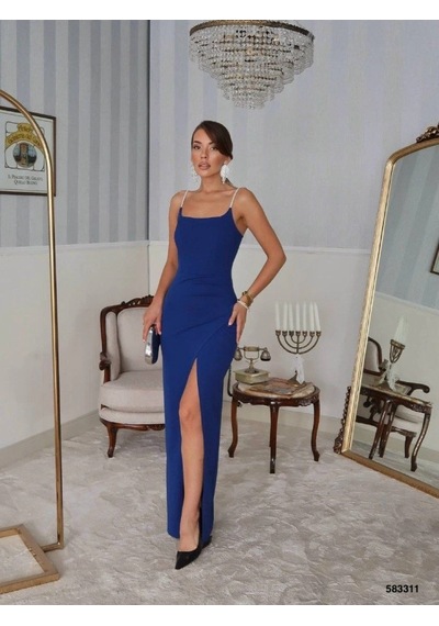 Defymoda Kadın Omuz Askılı Derin Yırtmaç Detay Maxi Boy Elbise Saks