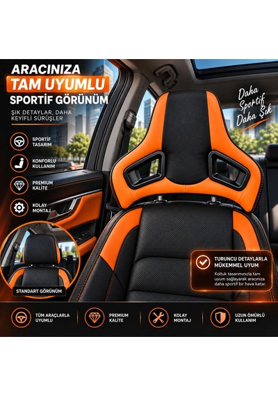 Universal Araç Koltuk Kafalığı Spor Yarış Tipi Lüx Deri Oto Başlık-turuncu Turuncu Siyah