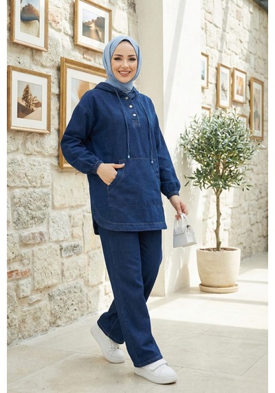 Hb Harma Time Butik Kadın Kapüşonlu, Düğmeli Ve Cepli Koyu Kot Mavi Tunik Pantolon Takım Koyu Mavi