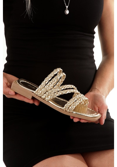 Mia026-1606 Günlük Kadın El Örgülü Altın Tatil Terliği Altın