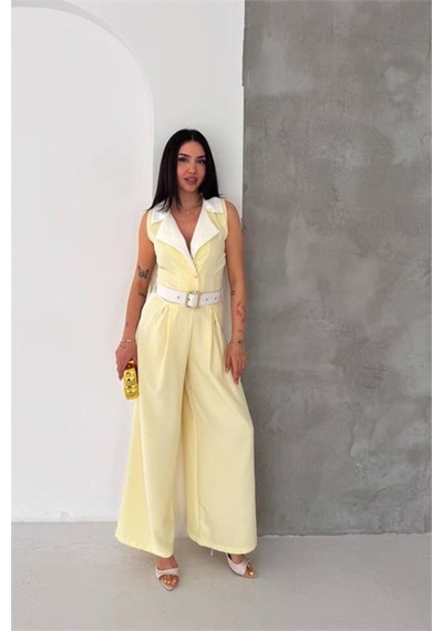 Neşeli Butik Kadın Sarı Çift Renkli Kemerli Şerit Detaylı Tam Boy Kolsuz Tulum Nbk087