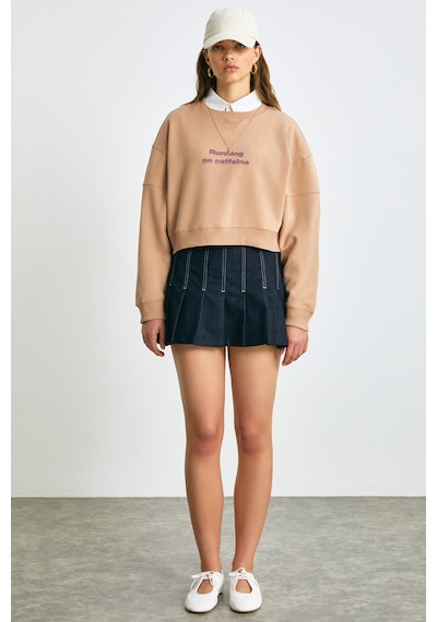 Grımelange DANBİ Kadın Crop Örme Kumaş Yuvarlak Yaka Uzun Kol Kahverengi Sweatshirt