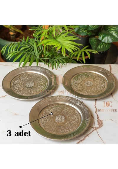 3 Adet Krom Çelik Yuvarlak Servis Tabağı, 18 Cm, Kabartma Desenli, Paslanmaz, Salata Meze Köfte Sunumu, 3 Adet Gümüş