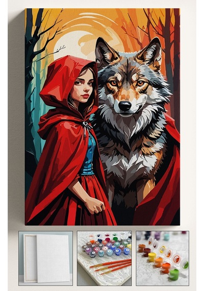 Sayılarla Boyama Seti Çerçeveli Hobi Seti Tuval Fırça Boya Kasnaklı 40x50cm Kırmızı Başlıklı Kız