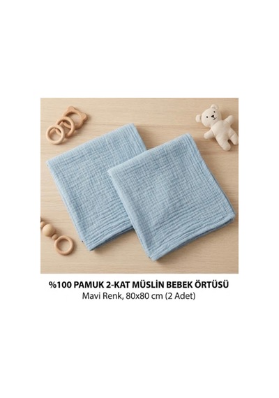 2 Li Paket 4 Katlı Müslin Bebek Battaniyesi 85x85 Cm - Bebek Örtüsü & Yeni Doğan Kundak - Sarı Mavi - 904779406 Mavi