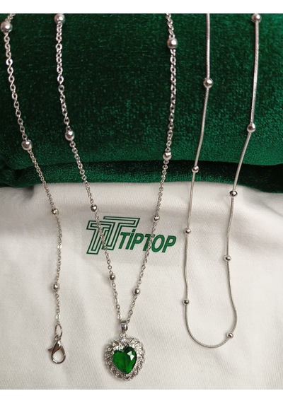 Tiptop/ Yeşil Taş Kalp Model Gümüş Renk Kolye-top Model Kolye Bileklik 3'lü Set Gümüş