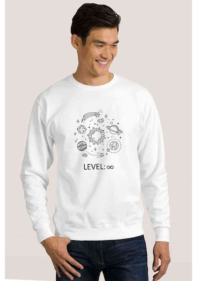 Gezegenler Baskılı Beyaz Erkek Örme Sweatshirt (530947324)