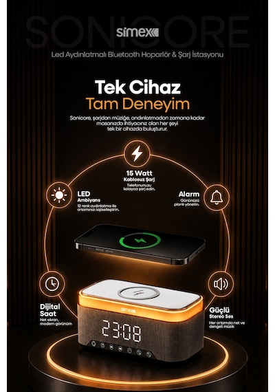 15w Kablosuz Şarj Standlı Bluetooth Hoparlör Yüksek Sesli Tws Ledli Speaker Taşınabilir Dijital Saat