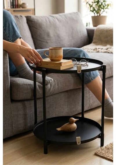 Çift Tepsili Katlanır Orta Yan Yuvarlak Sehpa Metal Ayak - Modern Sehpa 50cm 44 Cm Tepsi Deri Kulplu Mat Siyah