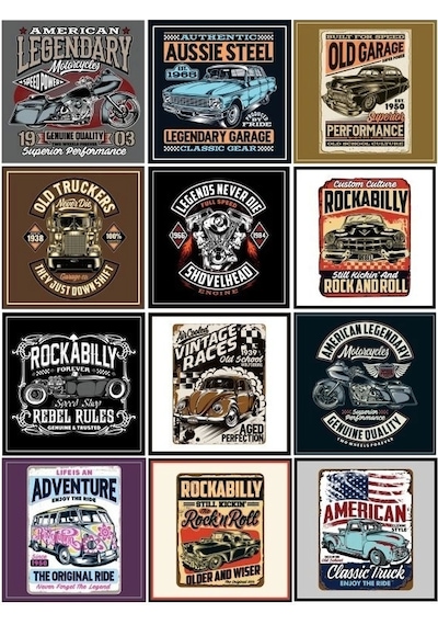 Retro Car Poster Sticker 12 Parça Telefon, Tablet, Defter, Laptop Sticker