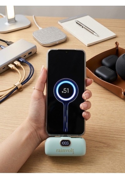 Rainvolt Mini Kapsül Powerbank Led Dijital Göstergeli & Dahili Kablolu Taşınabilir Şarj Cihazı Yeşil