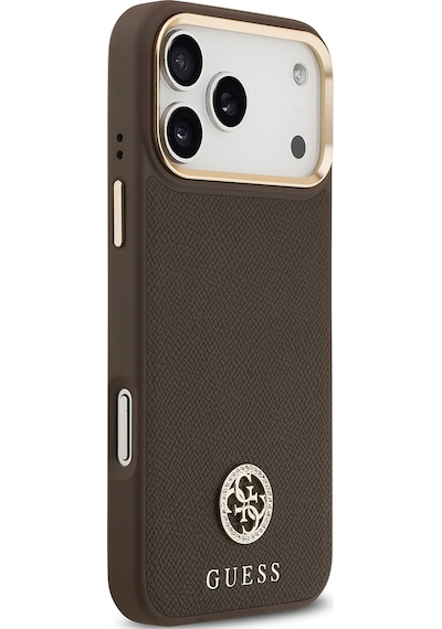Apple Uyumlu iPhone 17 Pro Max Kılıf Guess Lisanslı M-safeli Grained Yazı Ve Taşlı 4g Logolu Kahverengi Kahverengi