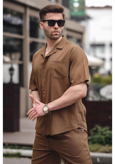 Madmext Erkek Kahverengi Basic Oversize Gömlek Takımı 5588