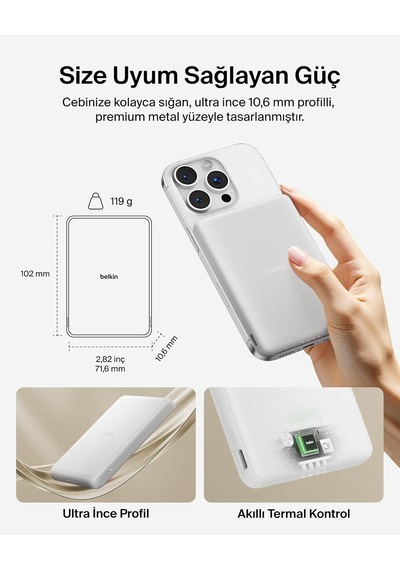 Belkin Bpd010hqwh Boostcharge 5.000 Mah Magsafe Uyumlu 15w Kablosuz Slim Powerbank - Beyaz Siyah
