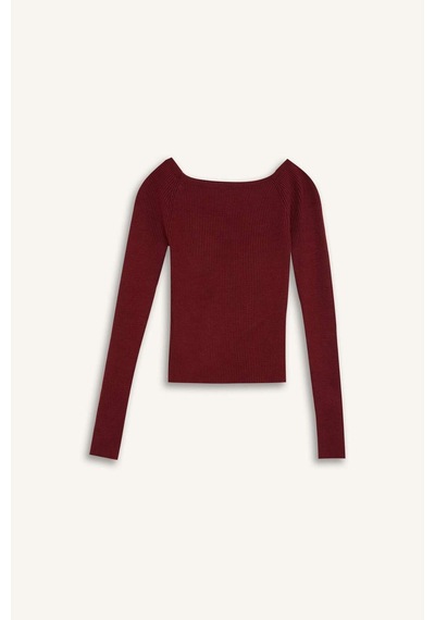 Defacto Fitted Açık Omuz Basic Düz Bordo Triko Kazak E0314AX24WNBR115 Bordo