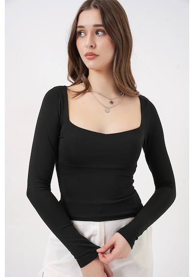 Bigdart Kadın Kare Yaka Slim Fit Bluz 986 - Siyah