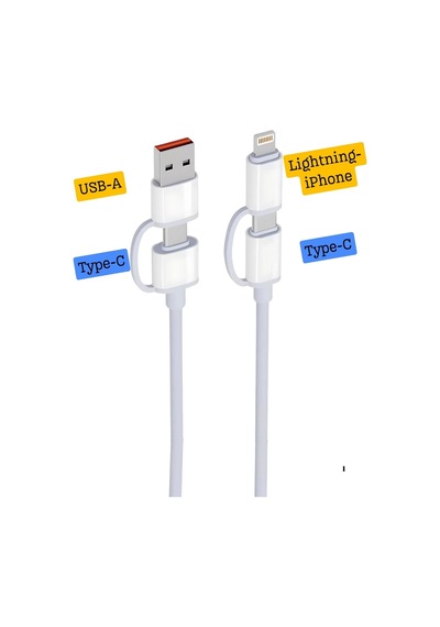 Beyaz 4in1 Süper Hızlı Şarj Kablosu 65w Şarj Usb'den Type-c'/lightning'e Type-c'den Type-c/lightning