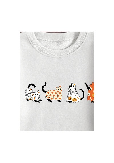 Tarzsokak Lune Cartoon Cat Print Lined Sweatshirt Beyaz