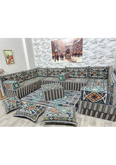 Coton Şark Köşesi Otantik Desenli 30 Cm Lüks Minder Takımı Konsept Antrasit Gri Antrasit