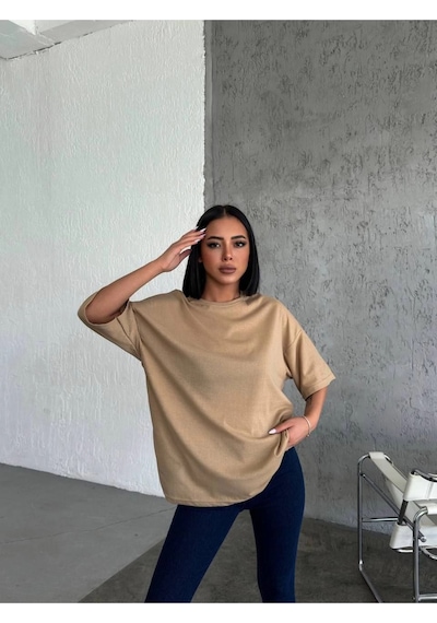 Wear Vexel Kadın Düz T-shirt Kısa Kol Bisiklet Yaka Oversize Rahat Kalıp Günlük Tişört - Bej Bej Wear Vexel Kadın Düz T-shirt Kısa Kol Bisiklet Yaka Oversize Rahat Kalıp Günlük Tişört - Bej Bej