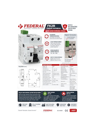 Federal Fk2r 2x40a 30ma 10ka Ac Kaçak Akım Rolesi Otomatik Kaldırma Yeniden Başlatma Kurma Ünitesi