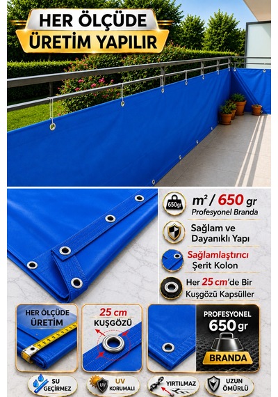 Mavi Balkon Brandası - 650 Gr Pvc Polyester - Kuşgözlü Ve Kolon Takviyeli Balkon Demiri Brandası Mavi