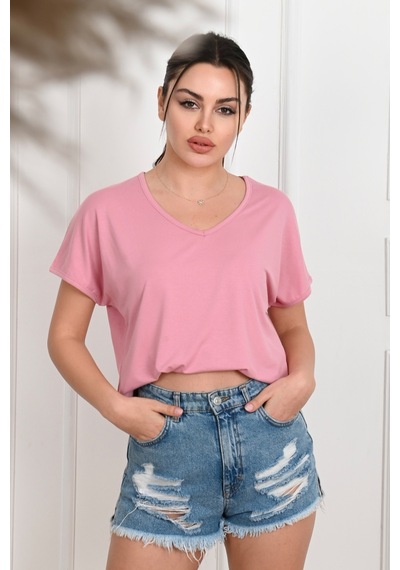 Kadın V Yaka Kısa Kollu T-shirt 1478-23 001