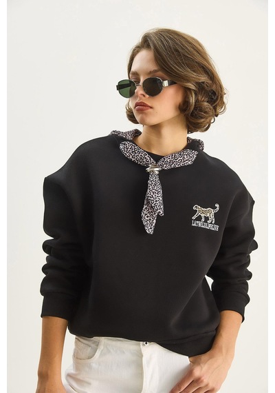 Shade Kadın Fular Detaylı Leopar Nakışlı Üç İplik Şardonlu Oversize Sweatshirt 6917 60283616 - Siyah