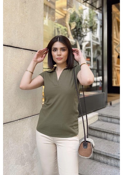 Haki Polo Yaka, Kısa Kol, Fitilli Kaşkorşe Kumaş, Basic Kalıp/kesim, Spor Ve Günlük Bluz & T-shirt Haki
