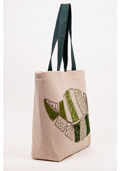 Fabric Craft Bag Omuz Çantası Duck Kumaş Patchwork Sashiko El İşlemeli Astarlı Telalı Günlük Çanta 44x34 Cm Acı Kahverengi - Bej
