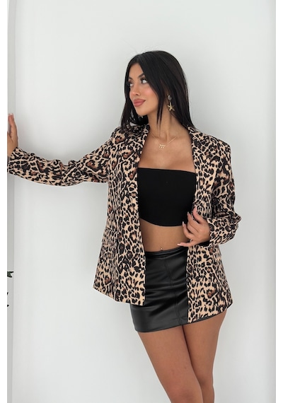 Femelle Kahverengi Leopar Desenli Blazer Ceket Vatkalı İçi Astarlı