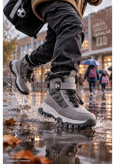Muggo Peak İçi Kürklü Cırtlı Ve Bağcıklı Unisex Çocuk Kar Botu Gri
