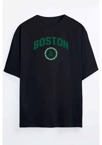 Boston Baskılı Unisex Oversize T-shirt Siyah