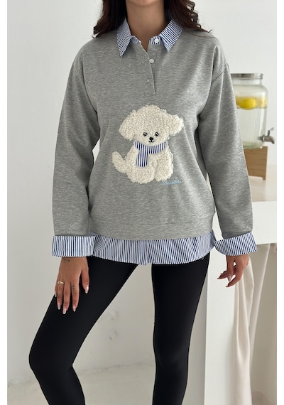 Kadın Nakış Peluş Ayıcık Figürlü Sweatshirt Eğlenceli & Şehirli Stil Gri