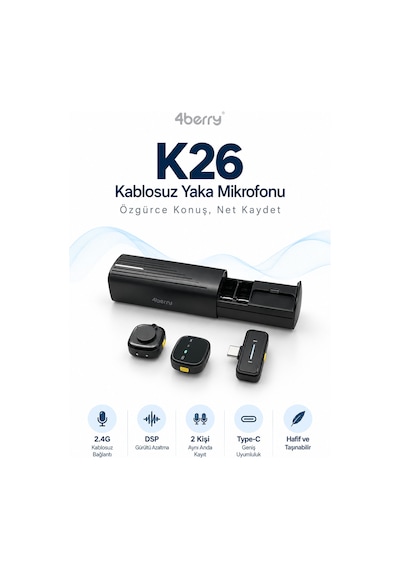K26 Kablosuz Yaka Mikrofonu Type-c Çift Mikrofon Gürültü Azaltma Şarj Kutulu Vlog Röportaj Mikrofonu
