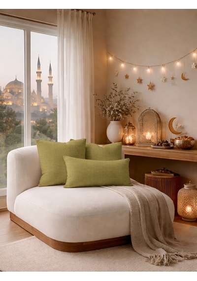 Br Perle Yağ Yeşili Keten Dokulu Dekoratif Kırlent Kılıfı Modern Salon Koltuk Yastığı Yeşil