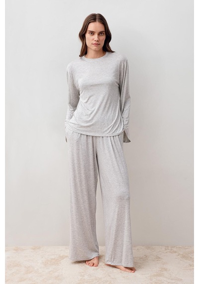 Uzun Kollu Oversize Basic Likralı Viskoz Alt Üst Takım 20210 Gri
