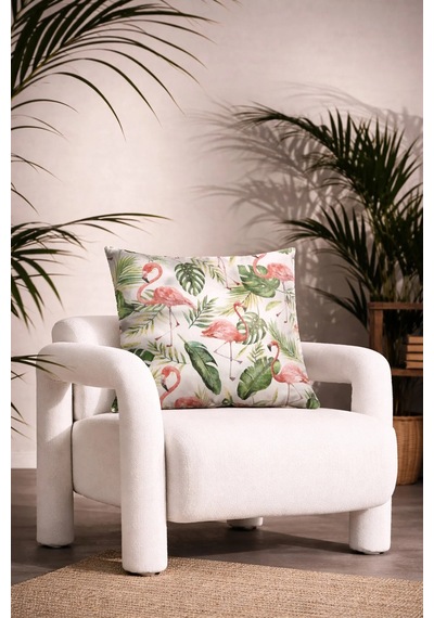 Beyaz Gecede Flamingo Ferahlığı Dekoratif Kırlent Kılıfı 45x45 Cm Yeşil