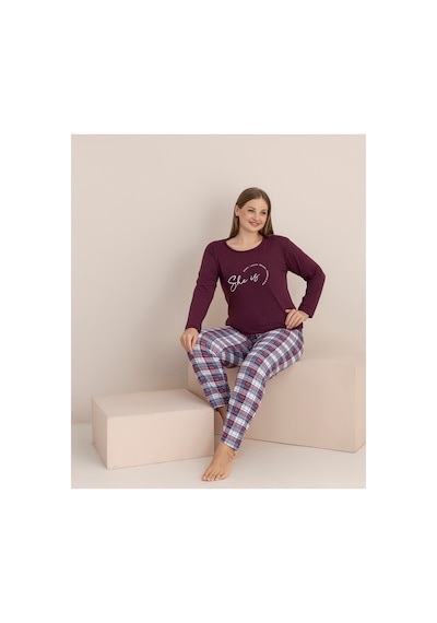 Rindahomewear Büyük Beden Süprem Uzun Kol Pijama Takımı Bordo