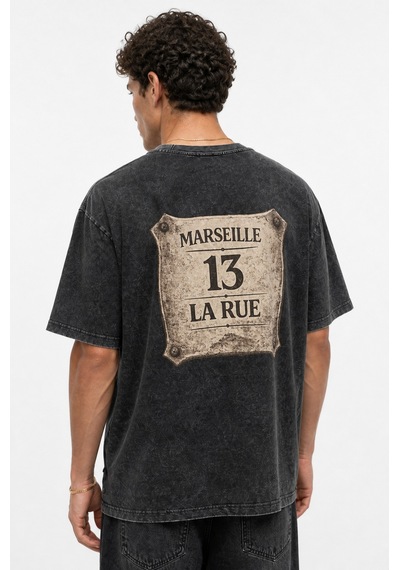 Respire Erkek Marseille Baskılı Yıkamalı Oversize T-shirt Siyah