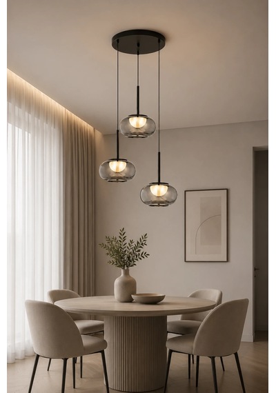 Modern Premium 3'lü Füme Cam Küre 3 Renkli Ledli Sarkıt Avizesi Salon Mutfak Şık Modelleri 78w Siyah