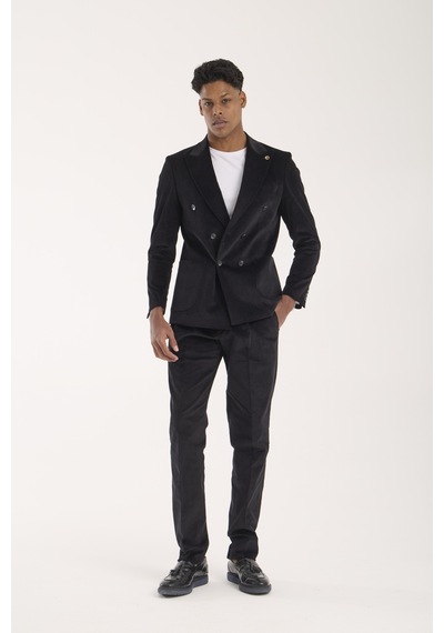 Erkek Slim Fit Kalıp Kruvaze Kadife Takım Elbise Siyah