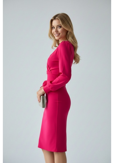 Defymoda Kadın Klasik Kesim Manşetli Elbise Pembe