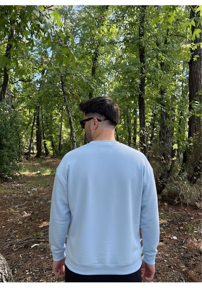 Erkek Oversize Bisiklet Yaka Geniş Kesim Sweatshirt Mavi