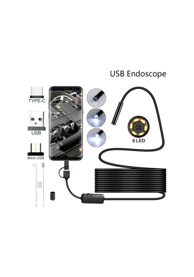 3'ü 1 Arada Endeskop Kamera Mikrofon Usb Ve Tip-c 6 Led Su Geçirmez 10 Metre Borescope Yılan Kamera Siyah 5 Metre