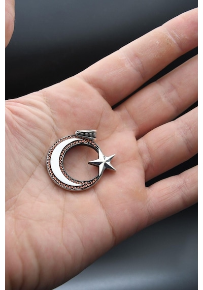 Ay Yıldızlı Zirkon Taş Süslemeli Kolye Ucu 925 Ayar Gümüş
