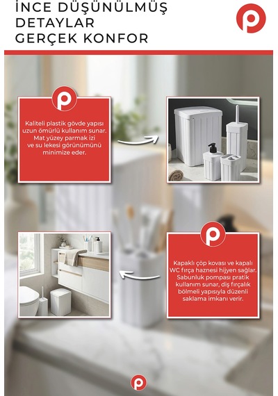Trend Fitil Desen 4 Parça Banyo Düzenleyici - Estetik ve Dayanıklı Banyo Seti Beyaz
