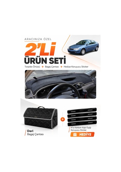 E-biz Renault Laguna 2 2002-2005 Uyumlu Torpido Örtüsü + Deri Bagaj Çantası - Siyah-gri - Re033