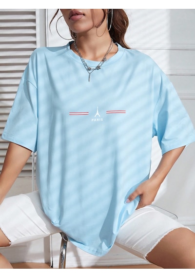 Uyguntarz Unisex Paris Baskılı Oversize Tshirt Bebe Mavisi